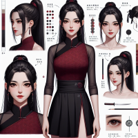 Mei:  Appearance: Long, straight black hair in a high ponytail Almond-shaped deep brown eyes Pale, flawless skin Outfit: Fitted, sleeveless red top with subtle black patterns Black mini skirt with side slits Traditional black ninja sandals Accessories: Simple black choker, small discreet earrings Black headband with a red emblem Concealed shuriken and a small dagger Visual Style: Blend of traditional Chinese elegance and ninja practicality, sexy Command: Ensure her legs are visible