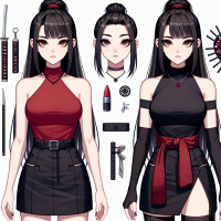 Mei:  Appearance: Long, straight black hair in a high ponytail Almond-shaped deep brown eyes Pale, flawless skin Outfit: Fitted, sleeveless red top with subtle black patterns Black mini skirt with side slits Traditional black ninja sandals Accessories: Simple black choker, small discreet earrings Black headband with a red emblem Concealed shuriken and a small dagger Visual Style: Blend of traditional Chinese elegance and ninja practicality, sexy Command: Ensure her legs are visible