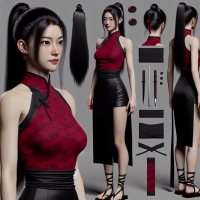 Mei:  Appearance: Long, straight black hair in a high ponytail Almond-shaped deep brown eyes Pale, flawless skin Outfit: Fitted, sleeveless red top with subtle black patterns Black mini skirt with side slits Traditional black ninja sandals Accessories: Simple black choker, small discreet earrings Black headband with a red emblem Concealed shuriken and a small dagger Visual Style: Blend of traditional Chinese elegance and ninja practicality, sexy Command: Ensure her legs are visible