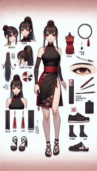 Mei:  Appearance: Long, straight black hair in a high ponytail Almond-shaped deep brown eyes Pale, flawless skin Outfit: Fitted, sleeveless red top with subtle black patterns Black mini skirt with side slits Traditional black ninja sandals Accessories: Simple black choker, small discreet earrings Black headband with a red emblem Concealed shuriken and a small dagger Visual Style: Blend of traditional Chinese elegance and ninja practicality, sexy Command: Ensure her legs are visible