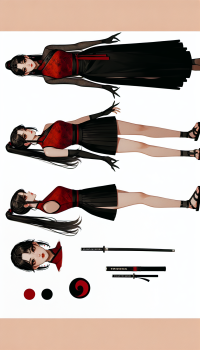 Mei:  Appearance: Long, straight black hair in a high ponytail Almond-shaped deep brown eyes Pale, flawless skin Outfit: Fitted, sleeveless red top with subtle black patterns Black mini skirt with side slits Traditional black ninja sandals Accessories: Simple black choker, small discreet earrings Black headband with a red emblem Concealed shuriken and a small dagger Visual Style: Blend of traditional Chinese elegance and ninja practicality, sexy Command: Ensure her legs are visible