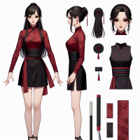 Mei:  Appearance: Long, straight black hair in a high ponytail Almond-shaped deep brown eyes Pale, flawless skin Outfit: Fitted, sleeveless red top with subtle black patterns Black mini skirt with side slits Traditional black ninja sandals Accessories: Simple black choker, small discreet earrings Black headband with a red emblem Concealed shuriken and a small dagger Visual Style: Blend of traditional Chinese elegance and ninja practicality Command: Ensure her legs are visible