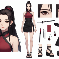 Mei:  Appearance: Long, straight black hair in a high ponytail Almond-shaped deep brown eyes Pale, flawless skin Outfit: Fitted, sleeveless red top with subtle black patterns Black mini skirt with side slits Traditional black ninja sandals Accessories: Simple black choker, small discreet earrings Black headband with a red emblem Concealed shuriken and a small dagger Visual Style: Blend of traditional Chinese elegance and ninja practicality Command: Ensure her legs are visible