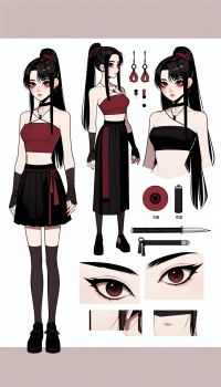 Mei:  Appearance: Long, straight black hair in a high ponytail Almond-shaped deep brown eyes Pale, flawless skin Outfit: Fitted, sleeveless red top with subtle black patterns Black mini skirt with side slits Traditional black ninja sandals Accessories: Simple black choker, small discreet earrings Black headband with a red emblem Concealed shuriken and a small dagger Visual Style: Blend of traditional Chinese elegance and ninja practicality Command: Ensure her legs are visible