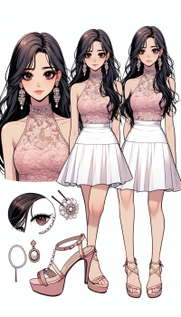 Hana:  Appearance: Long, silky black hair in loose waves Large, expressive deep brown eyes Pale, flawless skin Outfit: Fitted, sleeveless pastel pink top with lace and floral patterns White mini skirt that flares slightly Strappy pastel pink sandals with a slight heel Accessories: Pearl earrings, matching pearl bracelet, thin gold anklet Decorative hair pins or floral headband Visual Style: Blend of tradional Korean elegance and Sundanese charm, manhwa