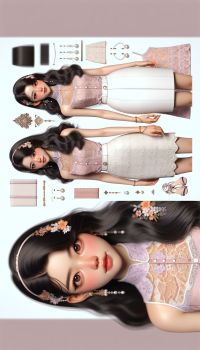 Hana:  Appearance: Long, silky black hair in loose waves Large, expressive deep brown eyes Pale, flawless skin Outfit: Fitted, sleeveless pastel pink top with lace and floral patterns White mini skirt that flares slightly Strappy pastel pink sandals with a slight heel Accessories: Pearl earrings, matching pearl bracelet, thin gold anklet Decorative hair pins or floral headband Visual Style: Blend of tradional Korean elegance and Sundanese charm