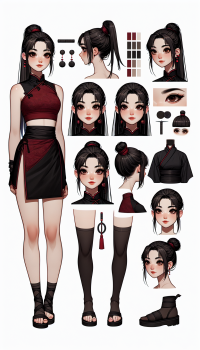 Mei:  Appearance: Long, straight black hair in a high ponytail Almond-shaped deep brown eyes Pale, flawless skin Outfit: Fitted, sleeveless red top with subtle black patterns Black mini skirt with side slits Traditional black ninja sandals Accessories: Simple black choker, small discreet earrings Black headband with a red emblem Concealed shuriken and a small dagger Visual Style: Blend of traditional Chinese elegance and ninja practicality Command: Ensure her legs are visible